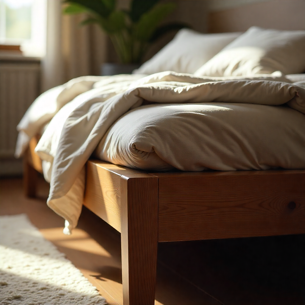 Handgjord sängram i mörkbetsat trä